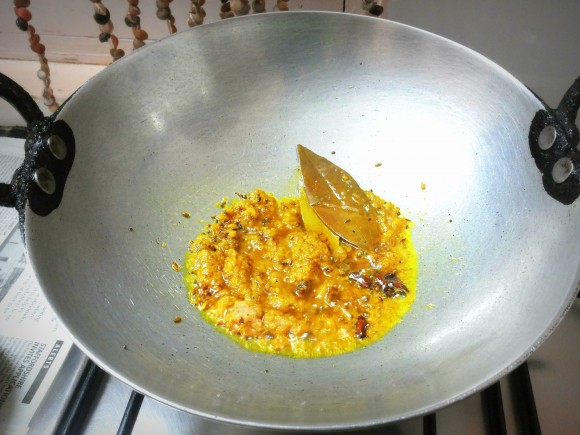 adding grinded onion, garlic and ginger paste