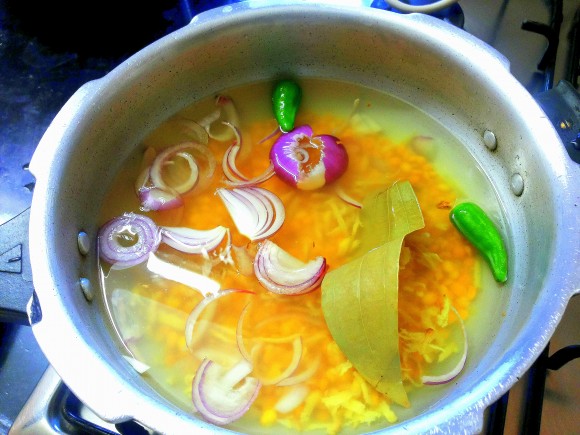 Boil dal with salt, turmeric powder, bay leaf and ginger paste 