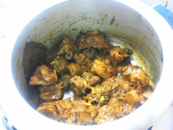 Fry mutton till liquid dries up 