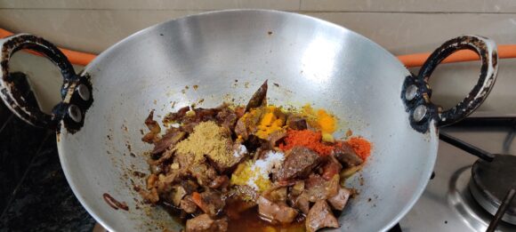 Add kaleji (mutton liver), chilly, coriander powder.