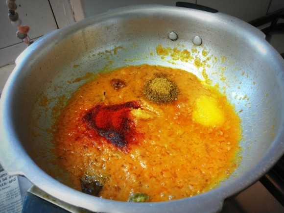 Add chilly powder, coriander powder, turmeric powder and salt 