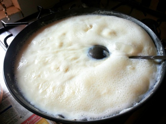 Boil the milk on medium flame till it reduces to half