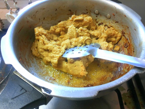 Add grinded dal into fry pan