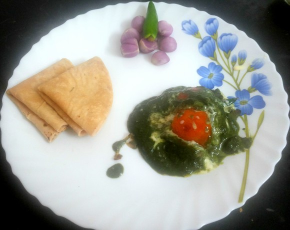 Poonnangani keerai (dwarf copper leaves) malai (fresh cream) saag