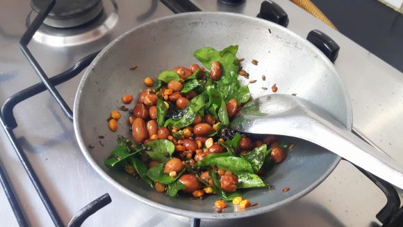 add curry leaves, green chili ,fry for a minute, put off the flame and add asafoetida powder.