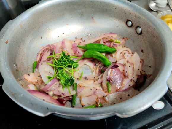 add green chili, curry leaves and coriander leaves