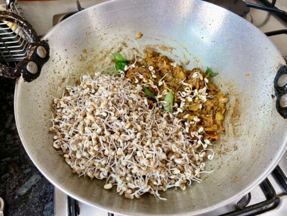 Add sprouted Matki and curry leaves