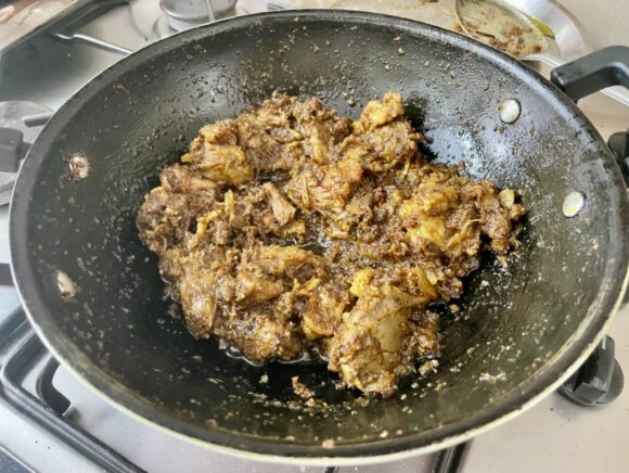 Fry mutton  until desire consistency reaches or liquid dries up.