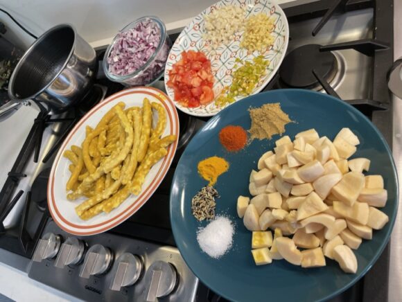 Chop Pumpkin into 1” pieces. Chop onion, tomato, garlic, ginger and green chilli into small pieces