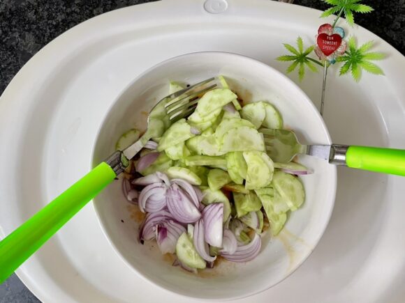 Add sliced cucumber and onion,