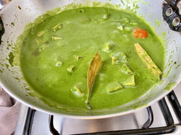 Suran in Palak Gravy (Elephant Foot Yam in Spinach Curry) ready