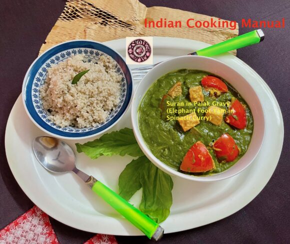 Suran in Palak Gravy (Elephant Foot Yam in Spinach Curry) 