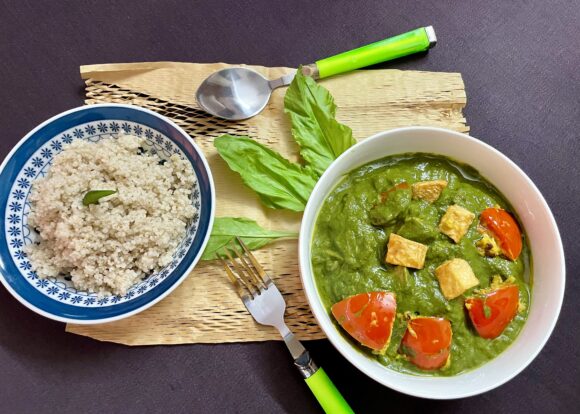 Suran in Palak Gravy (Elephant Foot Yam in Spinach Curry) 