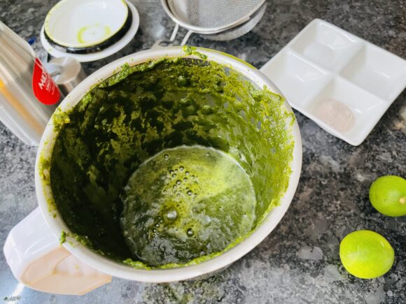 grind the mint leaves, coriander leaves, green chilies,